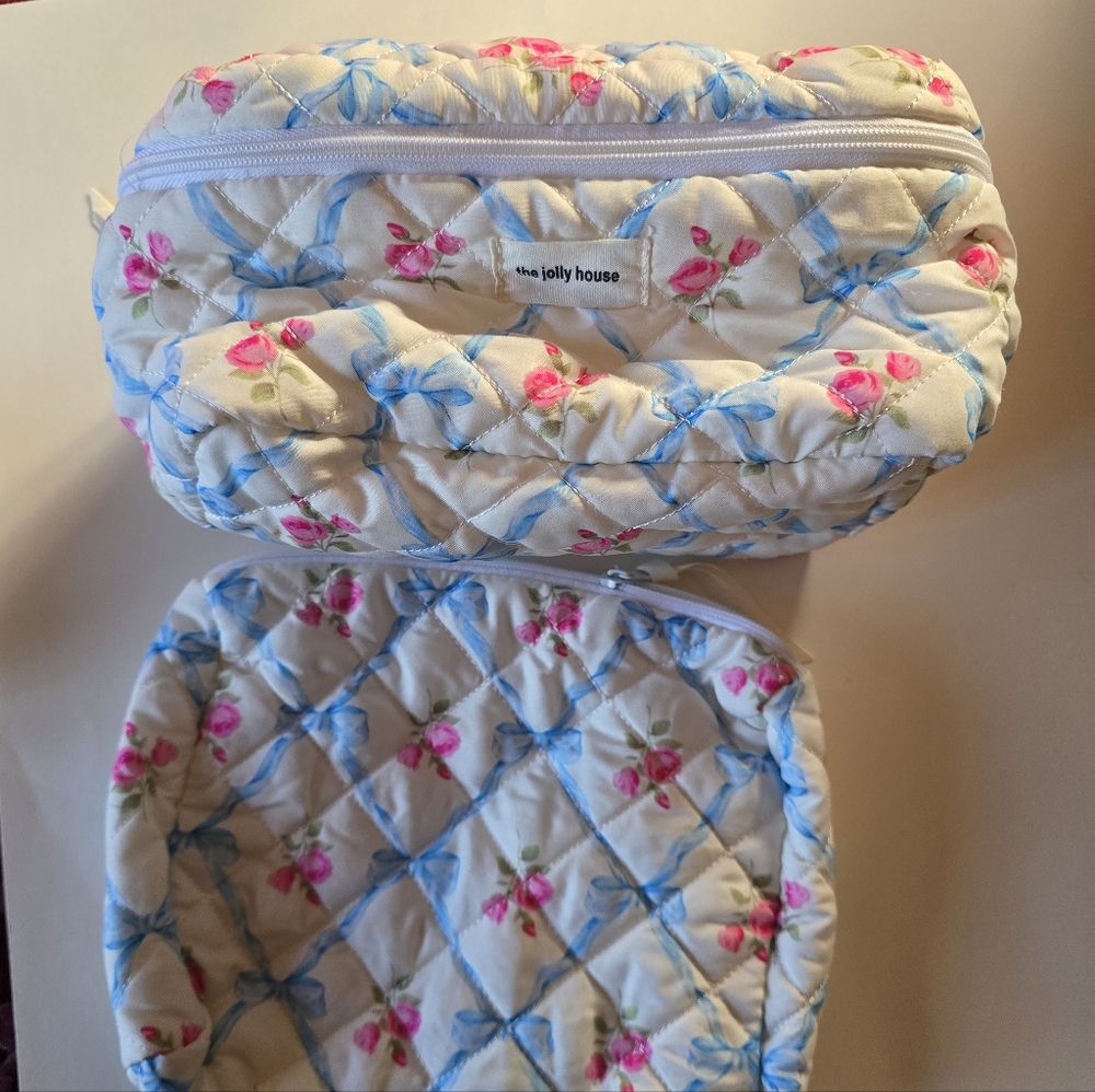 Cute Bow Flower Zipper Quilting Cotton Makeup Bag- 2 Piece - Picture 5 of 9